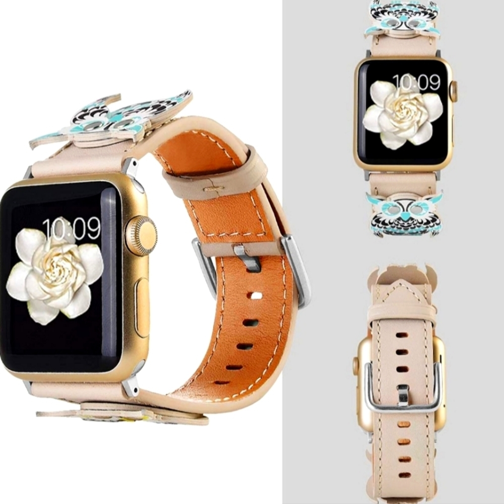 Owl Design Genuine Leather Watch Band Compatible with Apple Watch 38mm 40mm